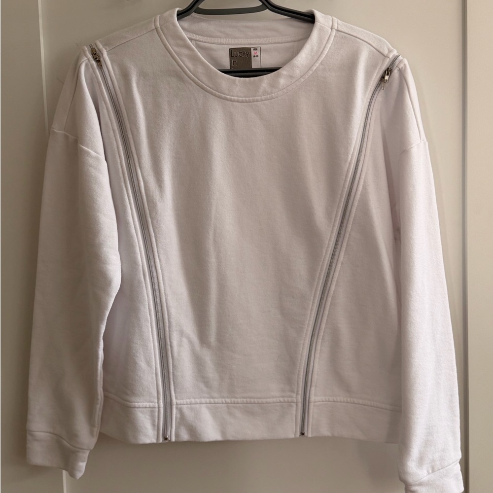 Lucky in Love White Crewneck Sweatshirt with Diagonal Zippers